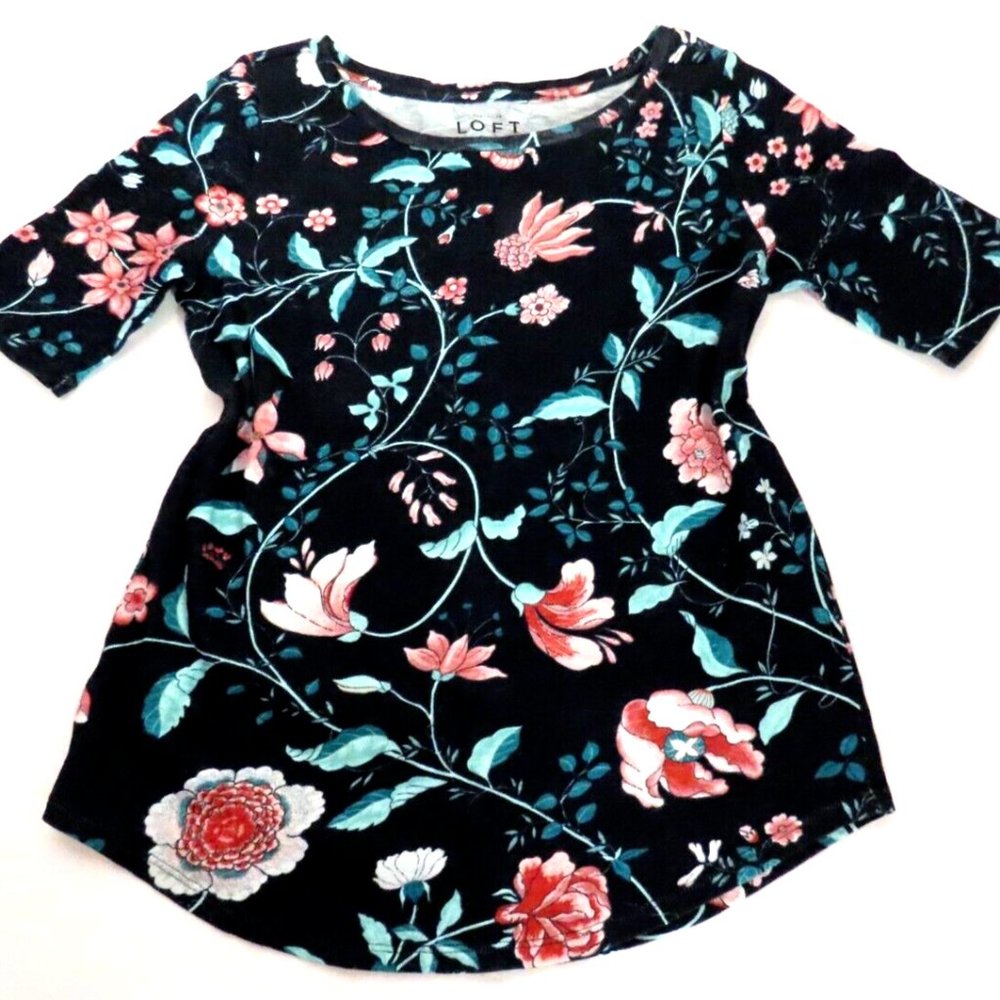 Ann Taylor Loft Top Women Floral Blue Tulip Sleeve Knit Cotton XS